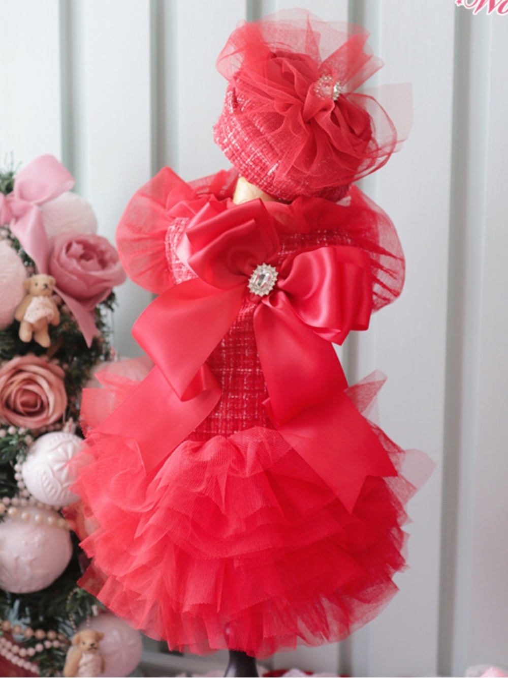 Wooflink Merry Holiday  Red Tulle Bow Dog Dress with Decorative Brooch Size 4